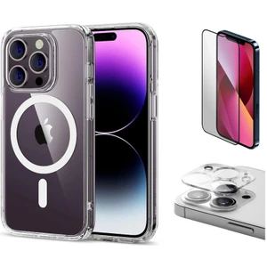 iPhone 13 Pro Max Uyumlu (13 Pro Max) Magsafe Şarj Destekli Darbe Dirençli Fit Hard Silikon Kılıf + Kamera Lens + Cam Ekran Koruyucu