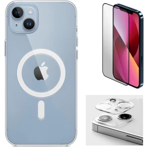 iPhone 13 Uyumlu ( iPhone 13 ) Magsafe Şarj Destekli Darbe Dirençli Fit Hard Silikon Kılıf + Kamera Lens + Cam Ekran Koruyucu