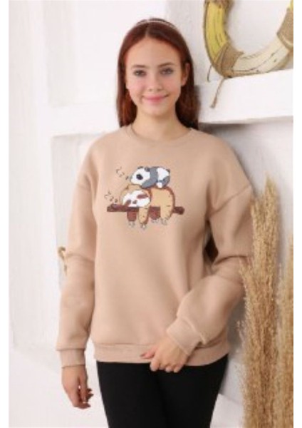 1387 Unisex Çocuk Kaola Desen Kapüşonlu Içi Şardonlu Sweat