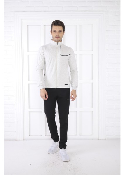 Escetic Erkek Spor Slimfit, Dik Yaka, 4 Cepli, 4 Mevsim Kar Melanj Eşofman Takımı - 6793