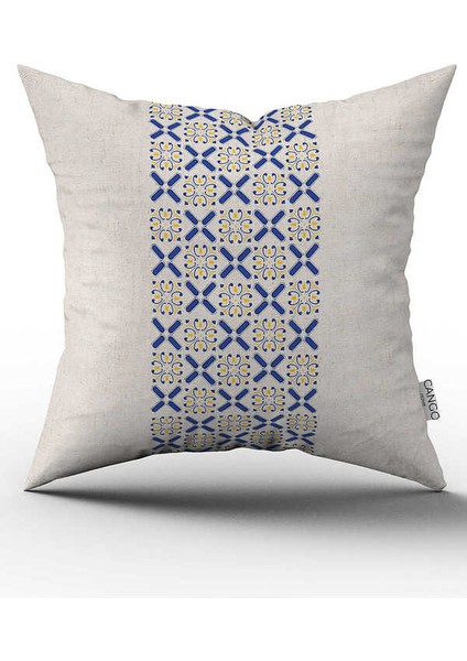 Çift Taraflı Mavi Sarı Dekoratif Desenli Dijital Baskılı Kırlent Kılıfı CGH1051