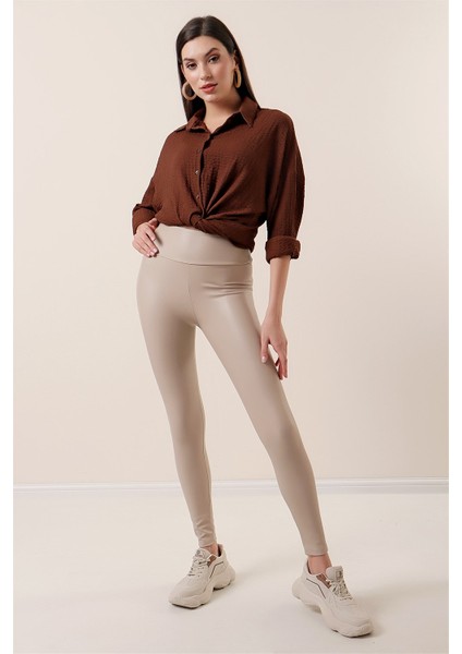 Yüksek Bel Şardonlu Likra Deri Tayt Taş