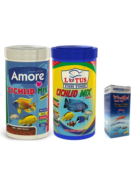 Cichlid Mix 2X1000 ml Kutu Kırmızı Yeşil Alg ve Spirulina Karışık Granül Balık Yemi ve Fishvit