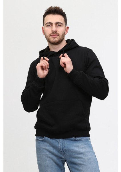 Siyah Üç Iplik Ünisex Kapüşonlu Sweatshirt