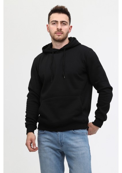 Siyah Üç Iplik Ünisex Kapüşonlu Sweatshirt