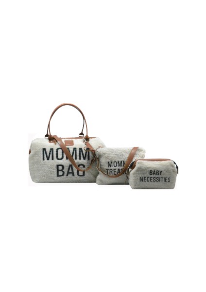 Babysi Mommy Bag Exclusive Ekru Kuzu Peluş 3 Lü Set Baby Anne Bebek Bakım ve Kadın Çantası