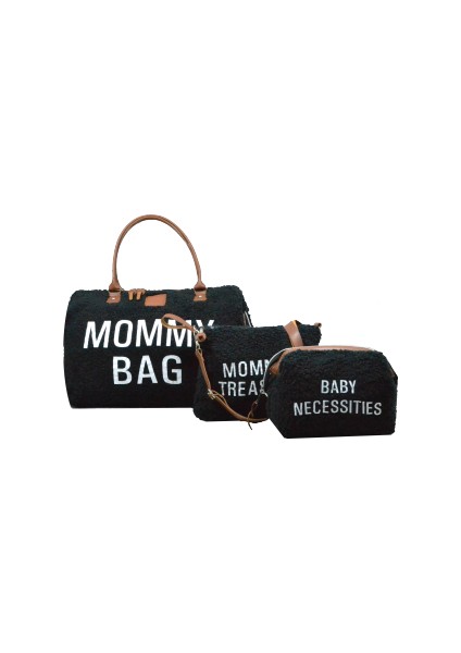 Babysi Mommy Bag Exclusive Siyah Kuzu Peluş 3 Lü Set Baby Anne Bebek Bakım ve Kadın Çantası