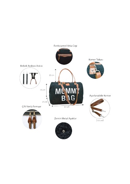 Babysi Mommy Bag Exclusive Siyah Kuzu Peluş 3 Lü Set Baby Anne Bebek Bakım ve Kadın Çantası