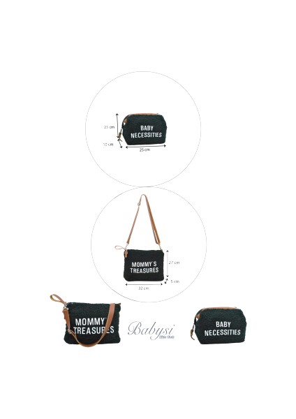 Babysi Mommy Bag Exclusive Siyah Kuzu Peluş 3 Lü Set Baby Anne Bebek Bakım ve Kadın Çantası