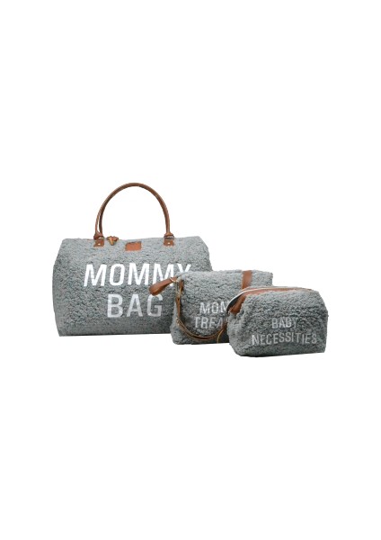 Babysi Mommy Bag Exclusive Gri Kuzu Peluş 3 Lü Set Baby Anne Bebek Bakım ve Kadın Çantası