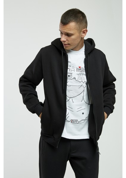 Siyah Kapüşonlu, Fermuarli Erkek Sweatshirt