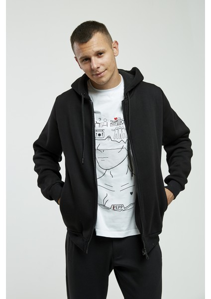 Siyah Kapüşonlu, Fermuarli Erkek Sweatshirt
