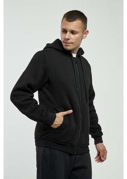 Siyah Kapüşonlu, Fermuarli Erkek Sweatshirt