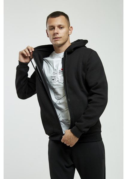 Siyah Kapüşonlu, Fermuarli Erkek Sweatshirt