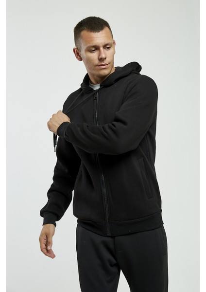 Siyah Kapüşonlu, Fermuarli Erkek Sweatshirt