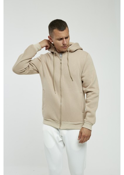 Bej Kapüşonlu,fermuarli Erkek Sweatshirt fırsatları