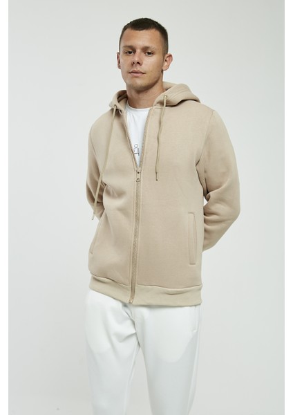 Bej Kapüşonlu,fermuarli Erkek Sweatshirt modelleri