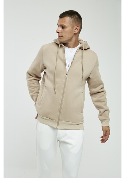 Bej Kapüşonlu,fermuarli Erkek Sweatshirt
