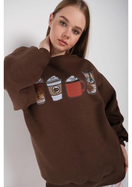 Kadın Oversize Coffee Baskılı Sweatshirt