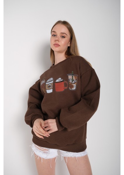 Kadın Oversize Coffee Baskılı Sweatshirt