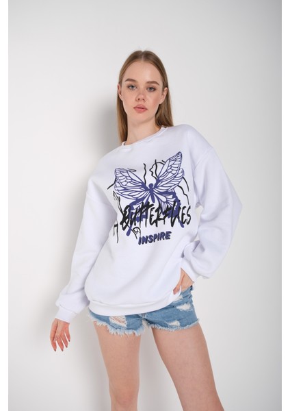 Kadın Butterflies Inspire Baskılı Oversize Sweatshirt fiyatları