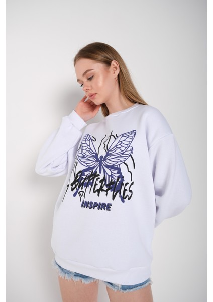 Kadın Butterflies Inspire Baskılı Oversize Sweatshirt modelleri