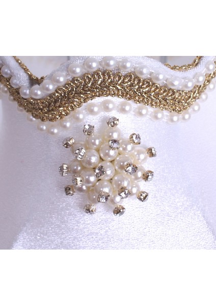 Lulu Broşlu Klasik Model Abajur Gold Beyaz