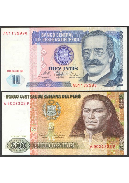 Peru 10-500 Intıs 1987 "çil" 2 Li Set , Eski Yabancı Kağıt Para
