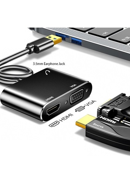 4933 USB 3.0 To HDMI VGA 3.5mm 1080P Monitör Genişletici Çevirici Dönüştürücü Adaptör