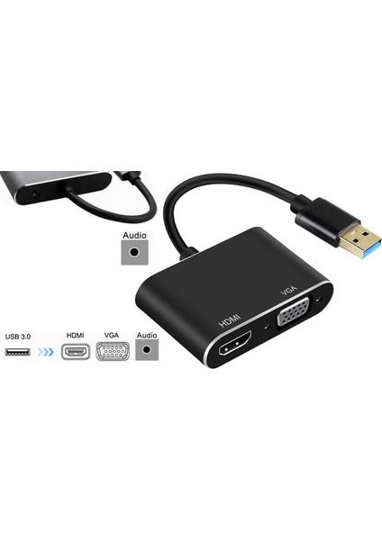 4933 USB 3.0 To HDMI VGA 3.5mm 1080P Monitör Genişletici Çevirici Dönüştürücü Adaptör