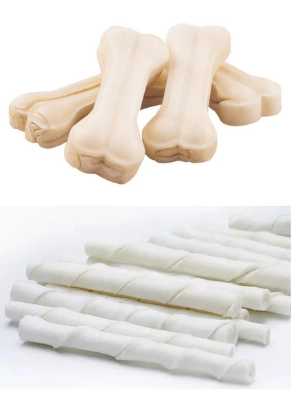 Purecanpati Naturel Sütlü Pres Beyaz Kemik Köpek Çiğneme Kemiği 4'lü 7,5cm ve Sütlü Beyaz Burgu Stick 12CM 10'lu