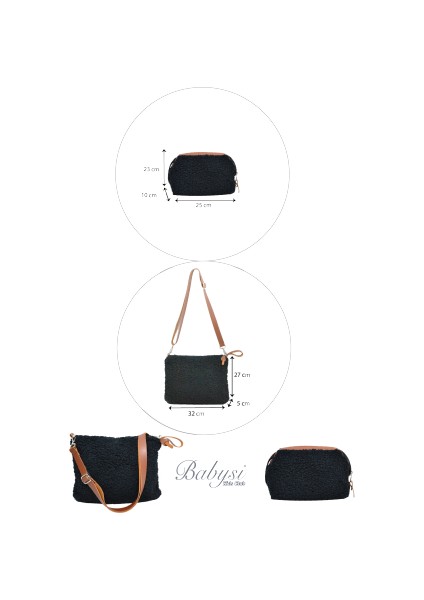 Babysi Mommy Bag Exclusive Siyah Kuzu Peluş 3 Lü Set Baby Anne Bebek Bakım ve Kadın Çantası