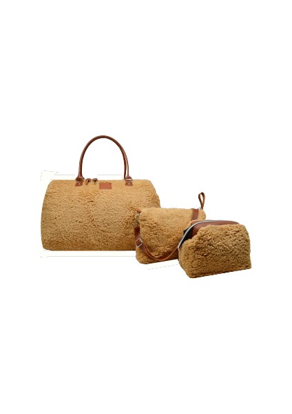 Babysi Mommy Bag Exclusive Camel Kuzu Peluş 3 Lü Set Baby Anne Bebek Bakım ve Kadın Çantası