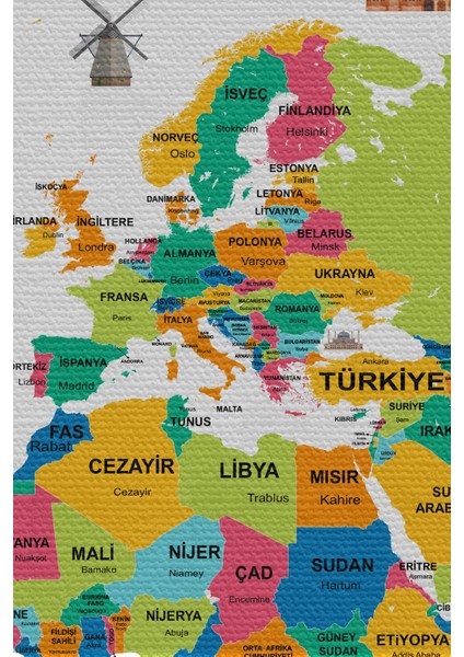 Duvar Örtüsü / Halısı Bayrak Detaylı Türkçe Güncel Dünya Haritası