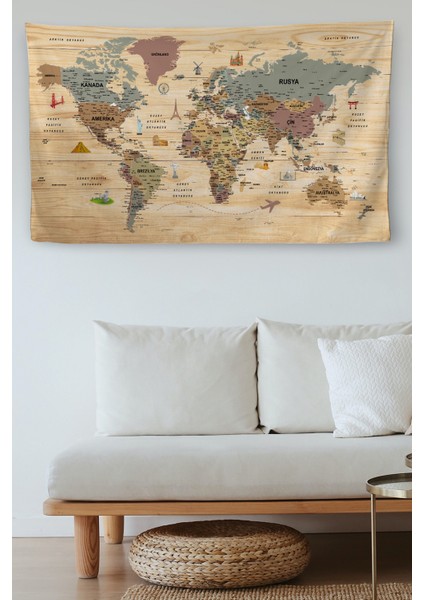 Duvar Örtüsü / Halısı Güncel Türkçe Dünya Haritası Ahşap Görünümlü