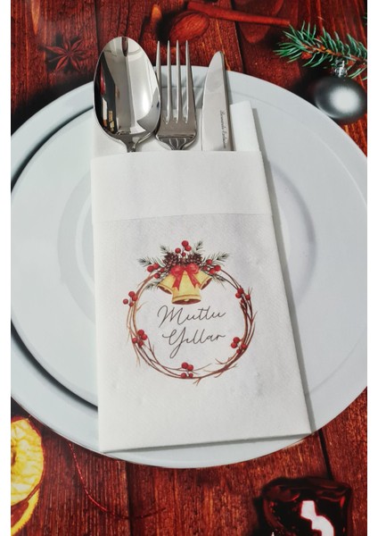 Kumaş Dokulu Mutlu Yıllar Yazılı Yılbaşı Masası Sunum Peçetesi