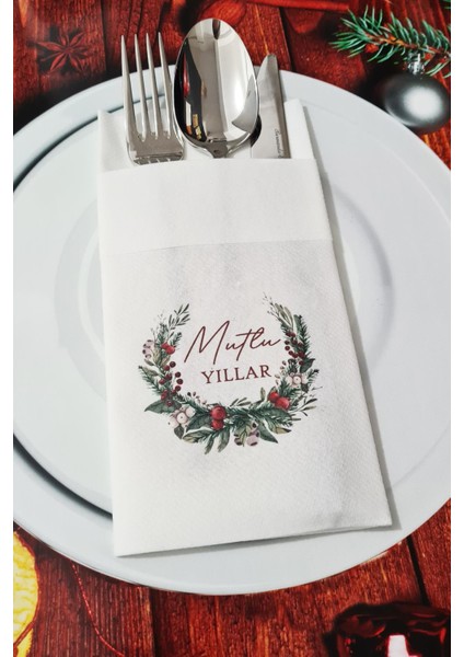 Kumaş Dokulu Mutlu Yıllar Yazılı Yılbaşı Masası Sunum Peçetesi