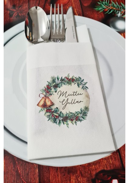 Kumaş Dokulu Mutlu Yıllar Yazılı Yılbaşı Masası Sunum Peçetesi