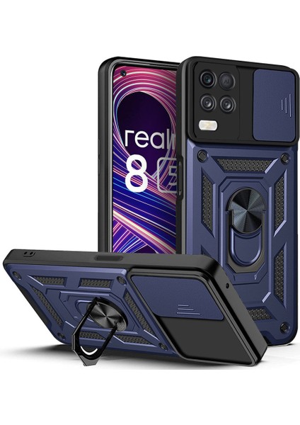 Oppo Realme 8 5g Için Kaydırmalı Kamera Kapaklı ve Halka Tutucu Standlı Sağlam Zırh Koruma Çantası Kılıf (Yurt Dışından)