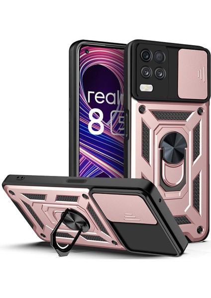 Oppo Realme 8 5g Için Kaydırmalı Kamera Kapaklı ve Halka Tutucu Standlı Sağlam Zırh Koruma Çantası Kılıf (Yurt Dışından)