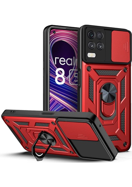 Oppo Realme 8 5g Için Kaydırmalı Kamera Kapaklı ve Halka Tutucu Standlı Sağlam Zırh Koruma Çantası Kılıf (Yurt Dışından)
