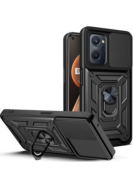 Oppo Realme 9i Için Kaydırmalı Kamera Kapaklı ve Halka Tutucu Standlı Sağlam Zırh Koruma Çantası Kılıf (Yurt Dışından)