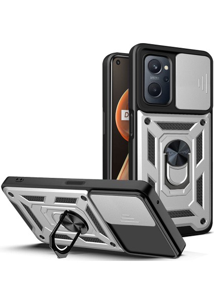 Oppo Realme 9i Için Kaydırmalı Kamera Kapaklı ve Halka Tutucu Standlı Sağlam Zırh Koruma Çantası Kılıf (Yurt Dışından)