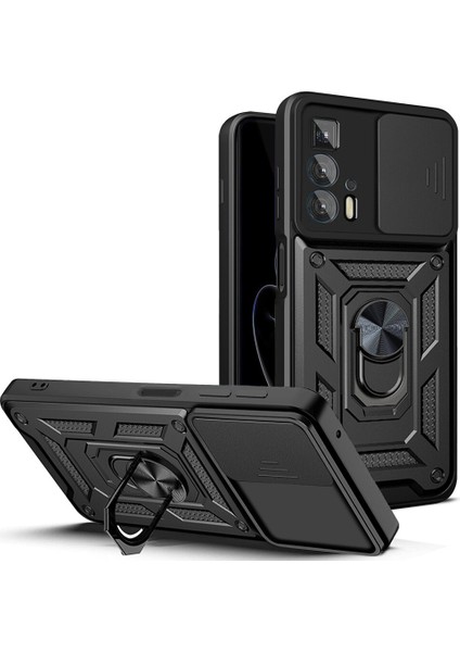 Motorola Edge 20 Pro Için Kaydırmalı Kamera Kapaklı ve Halka Tutucu Standlı Sağlam Zırh Koruma Çantası Kılıf (Yurt Dışından)
