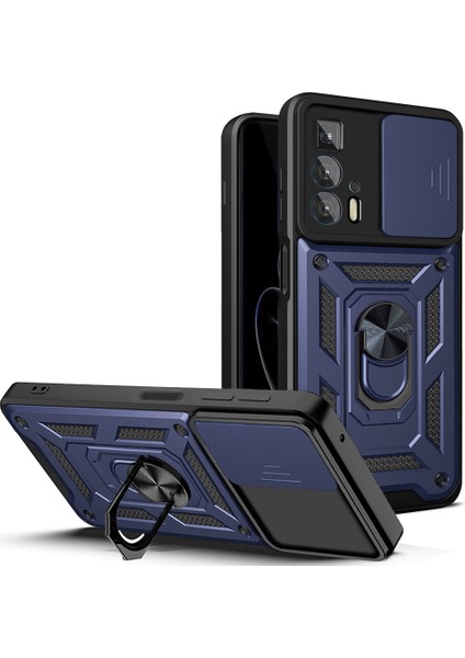 Motorola Edge 20 Pro Için Kaydırmalı Kamera Kapaklı ve Halka Tutucu Standlı Sağlam Zırh Koruma Çantası Kılıf (Yurt Dışından)