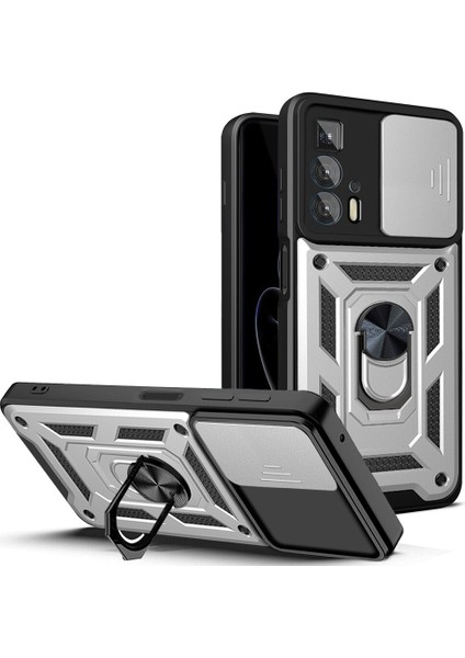 Motorola Edge 20 Pro Için Kaydırmalı Kamera Kapaklı ve Halka Tutucu Standlı Sağlam Zırh Koruma Çantası Kılıf (Yurt Dışından)