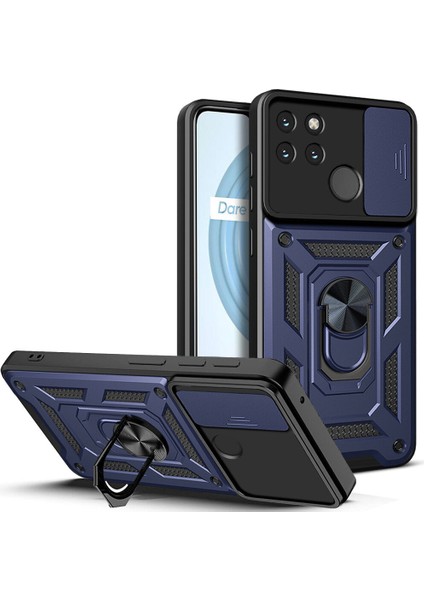 Oppo Realme C21Y Için Kaydırmalı Kamera Kapaklı ve Halka Tutucu Standlı Sağlam Zırh Koruma Çantası Kılıf (Yurt Dışından)