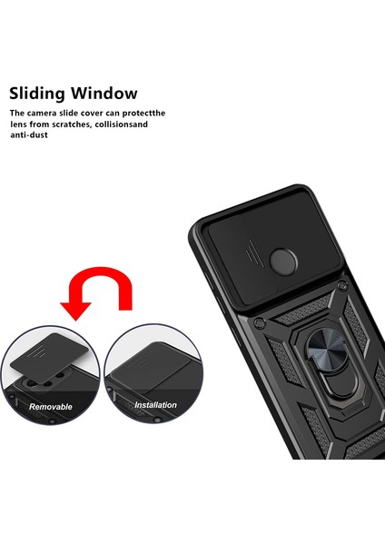 Oppo Realme C21Y Için Kaydırmalı Kamera Kapaklı ve Halka Tutucu Standlı Sağlam Zırh Koruma Çantası Kılıf (Yurt Dışından)