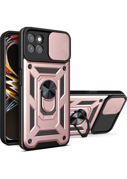 Oppo Realme 8i Için Kaydırmalı Kamera Kapaklı ve Halka Tutucu Standlı Sağlam Zırh Koruma Çantası Kılıf (Yurt Dışından)