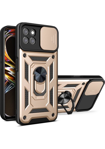 Oppo Realme 8i Için Kaydırmalı Kamera Kapaklı ve Halka Tutucu Standlı Sağlam Zırh Koruma Çantası Kılıf (Yurt Dışından)